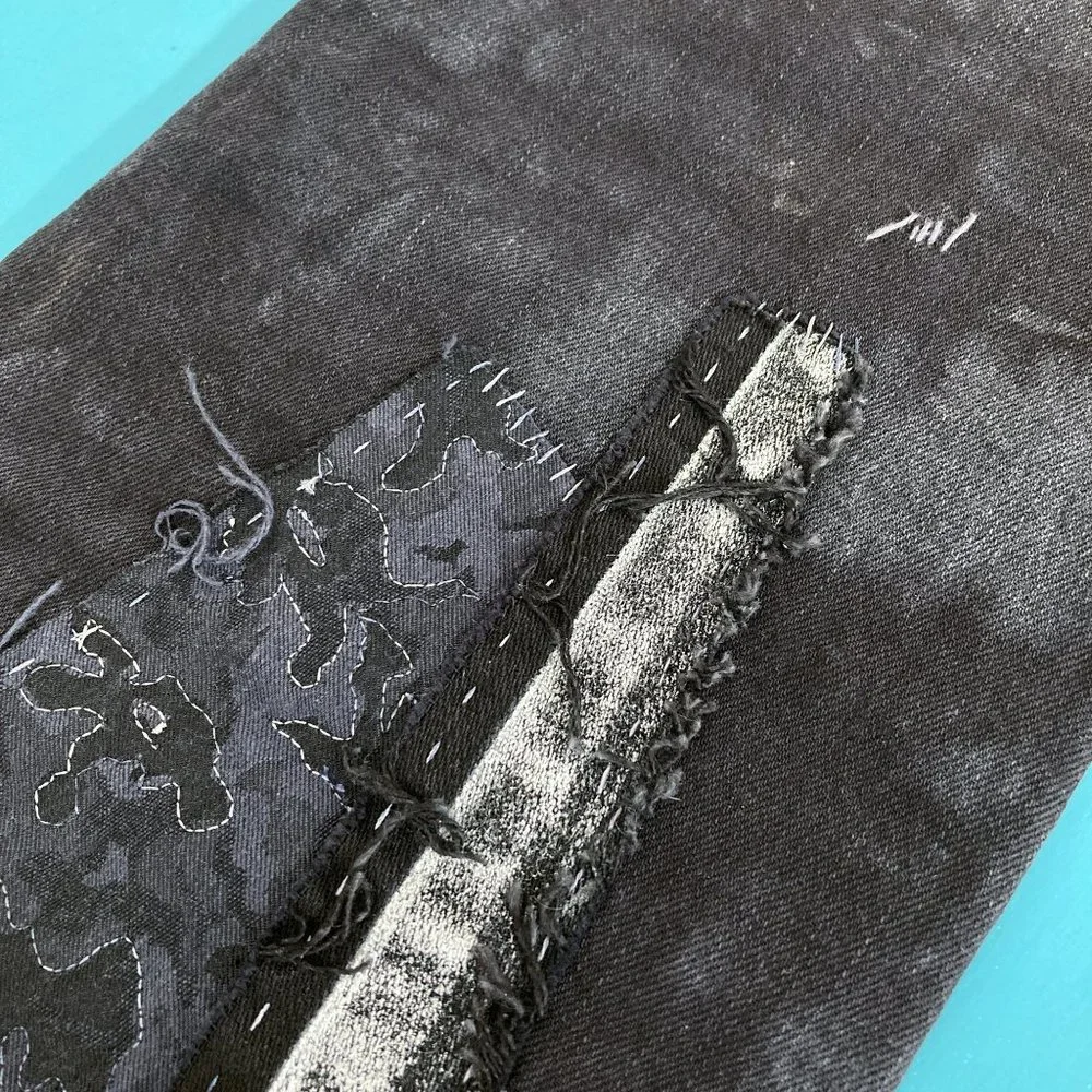 Black Rocker Jeans Acid Wash Metallic Silver Denim - Picture 11 of 16